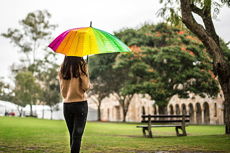woman standing and holding multicolored umbrella thumbnail