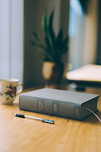 blue and beige book and ballpoint pen on table thumbnail