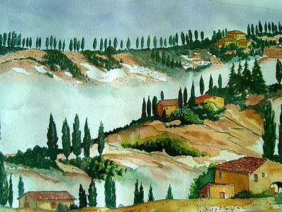 green trees and brown houses on top of mountaing painting thumbnail