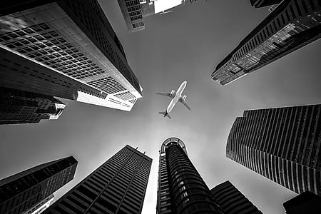 low angle and grayscale photo of airplane between tall buildings thumbnail