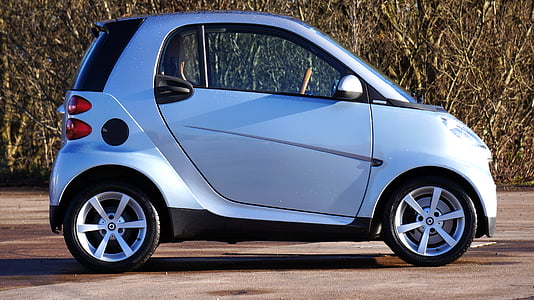 white and black Smart Fortwo parked near brown trees thumbnail