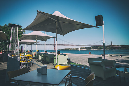 Shot of a coastal cafe and restaurant in Lisbon, Portugal, image captured with a Canon DSLR thumbnail