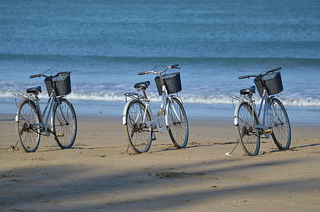 three white bicycles on seashore thumbnail