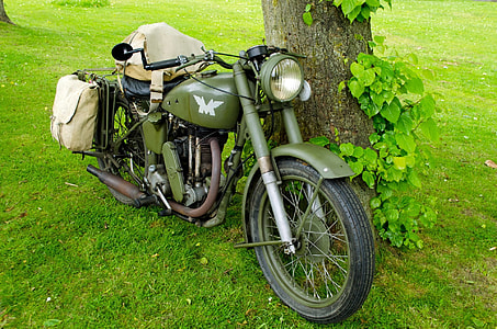 green standard motorcycle parked beside tree thumbnail