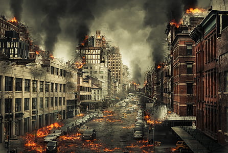 burning city with with dark smoke illustration thumbnail