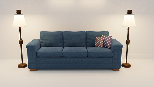 blue 3-seat sofa between two brown floor lamps thumbnail