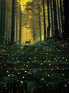 brown deer between trees thumbnail