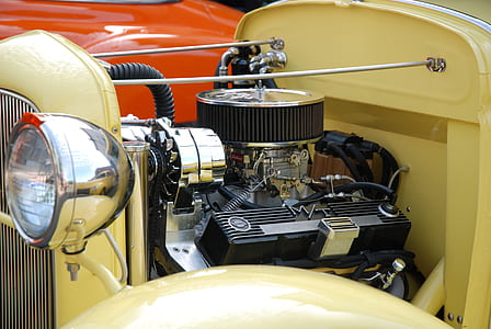 vintage yellow car engine bay thumbnail