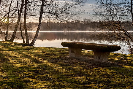 brown bench near body of water thumbnail