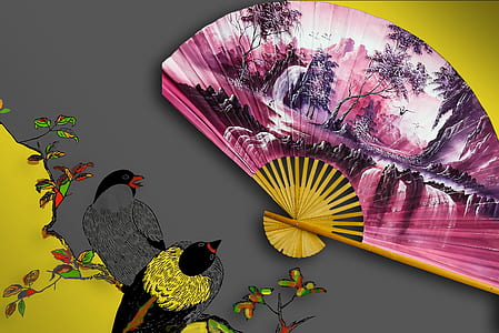 pink and white forest-print hand fan wall decor thumbnail