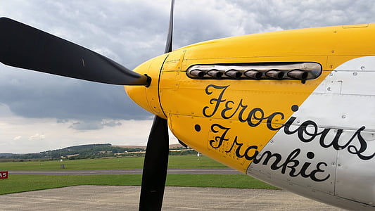 yellow and white biplane under cloudy sky thumbnail