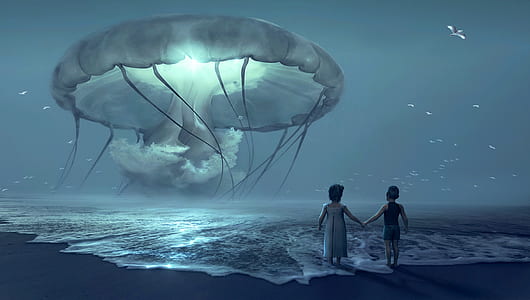 two toddler's standing on seashore thumbnail