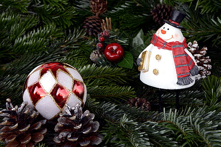 two white-and-red Christmas bauble near snowman ornaments thumbnail