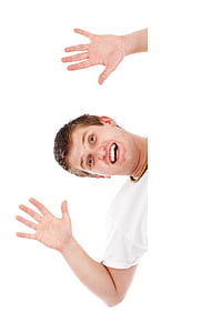 man smiling while raising both hands thumbnail