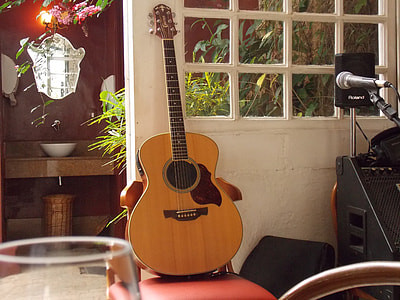 brown acoustic guitar leaning on wall thumbnail