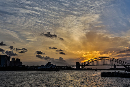 silhouette photo of bridge above water at golden hour thumbnail