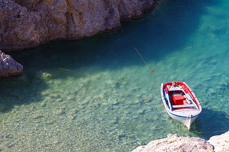 white and red jon boat on green sea thumbnail