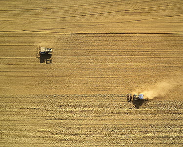 two harvesters on field during daytime thumbnail