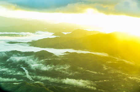 aerial, mountains, landscape, bright, sun, scenery thumbnail
