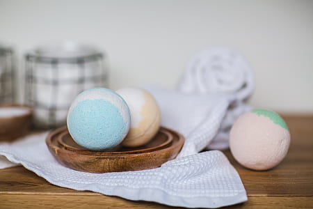 bath bombs on tray beside jar thumbnail