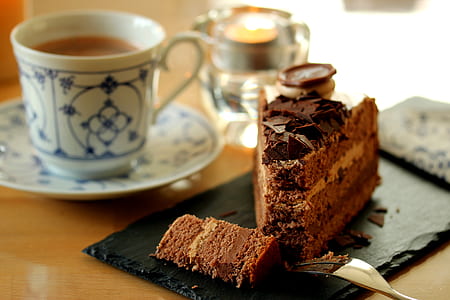 slice of chocolate cake near cup of coffee thumbnail