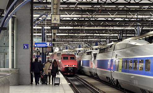 people beside railway and grey and blue train thumbnail