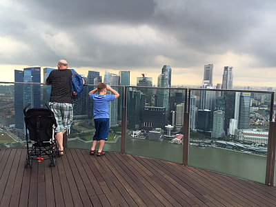 man and boy standing in front of glass railings facing city buildings under gray clouds thumbnail