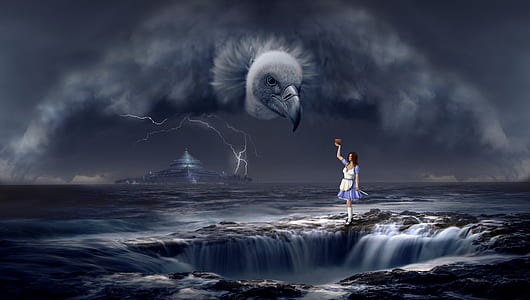woman in white and purple dress standing on water while raising her hand towards a gray clouds thumbnail