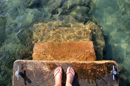 person in flip-flops beside body of water thumbnail