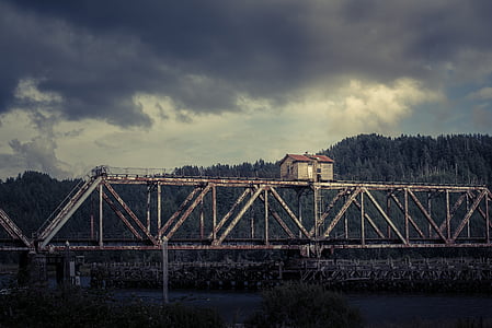 brown suspension bridge under gray clouds thumbnail