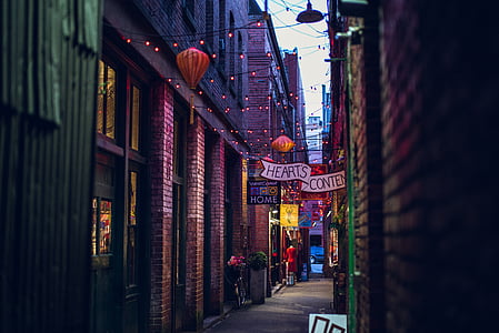 alley, brick walls, buildings, decoration, lights thumbnail