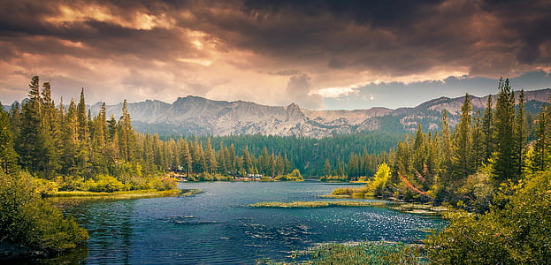 body of water between green trees under dark clouds thumbnail