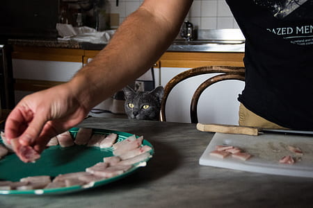 man in black and white printed shirt places sliced meats on green plate thumbnail