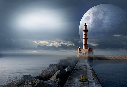 photo of gray lighthouse during full moon illustration thumbnail