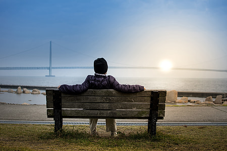 person sitting down on brown wooden bench looking near body of water during daytime thumbnail