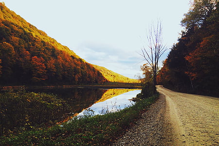 body of water beside dirt road during daytime thumbnail