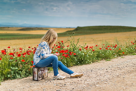 girl wearing blue and white floral long-sleeved shirt and blue fitted jeans sitting on briefcase beside red flowers during daytime thumbnail
