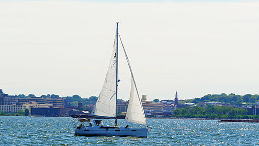 A sailboat on the waters of New York Harbor with the Brooklyn water front in the background. thumbnail