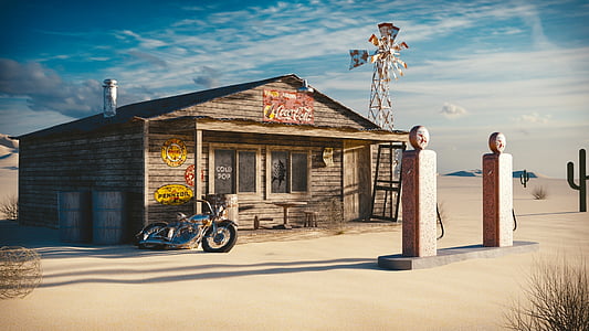 motorcycle near brown building under cloudy sky during daytime illustration thumbnail