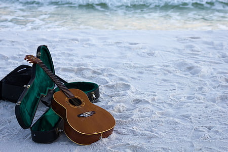 guitar leaning on guitar case on seashore thumbnail