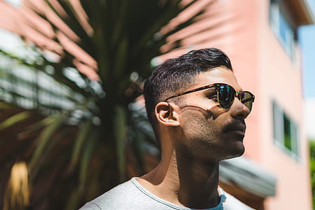 black haired man in grey crew-neck top in sunglasses thumbnail
