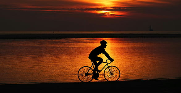 silhouette of man biking near seashore thumbnail