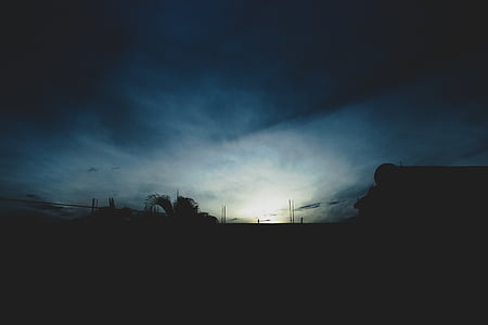 silhouette, trees, building, blue, white, sky thumbnail