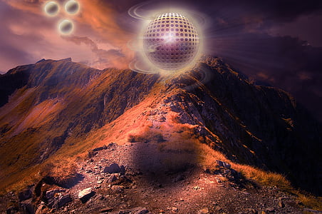 gray sphere floating on mountain top art thumbnail