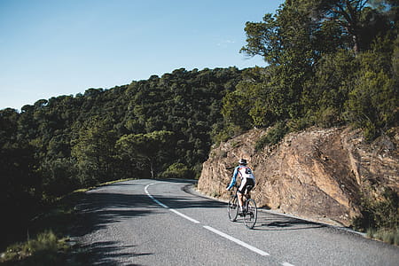 Country road cyclist on a curvy road surrounded by trees thumbnail