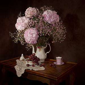 pink and white petaled flowers with vase thumbnail