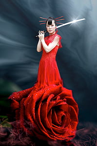 woman wearing red dress holding katana thumbnail