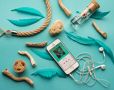 flat lay photography of silver iPhone 5s with blue case connected with EarPods beside rope, sponge, wood, vial, and feathers thumbnail