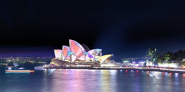 Sydney Opera House with multicolored lights at night time thumbnail