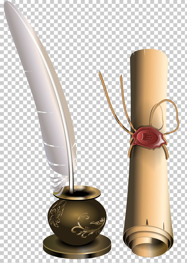 Inkwell Quill Scroll , Scroll and Inkwell , white feather pen with paper PNG clipart